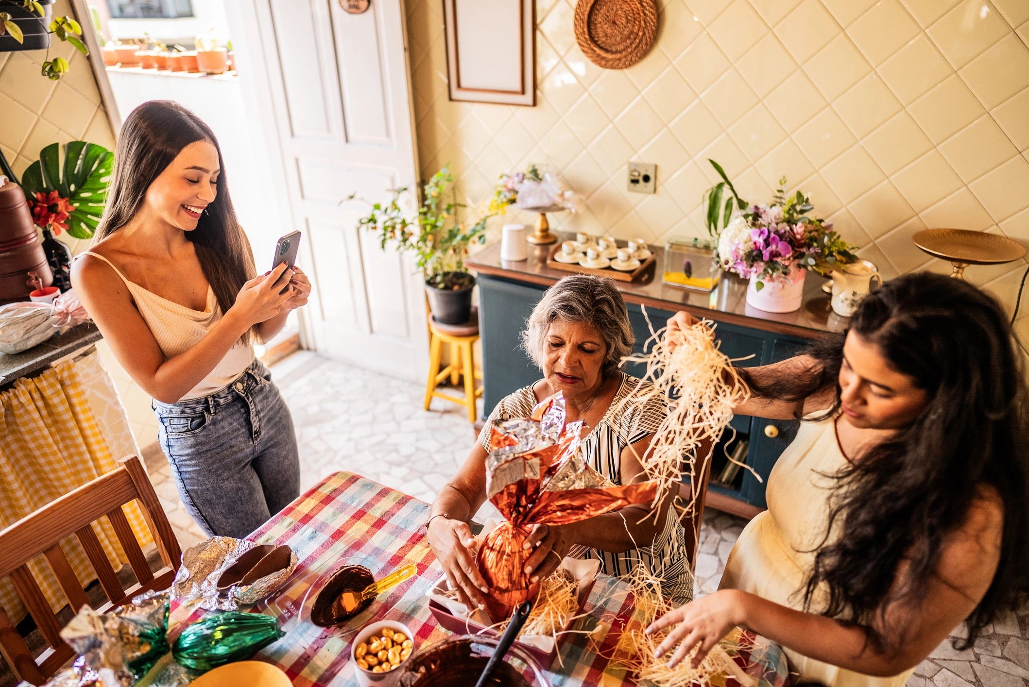 Italian community cooking, Mediterranean, warm, inviting, digital, modern, people sharing food